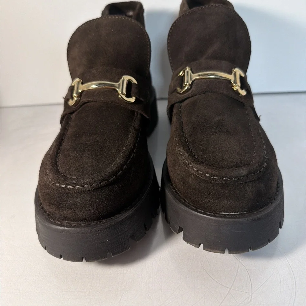 Madden NYC Lug Loafer Leon Chocolate Brown Boots Booties Faux Suede Sz 8.5 Woman